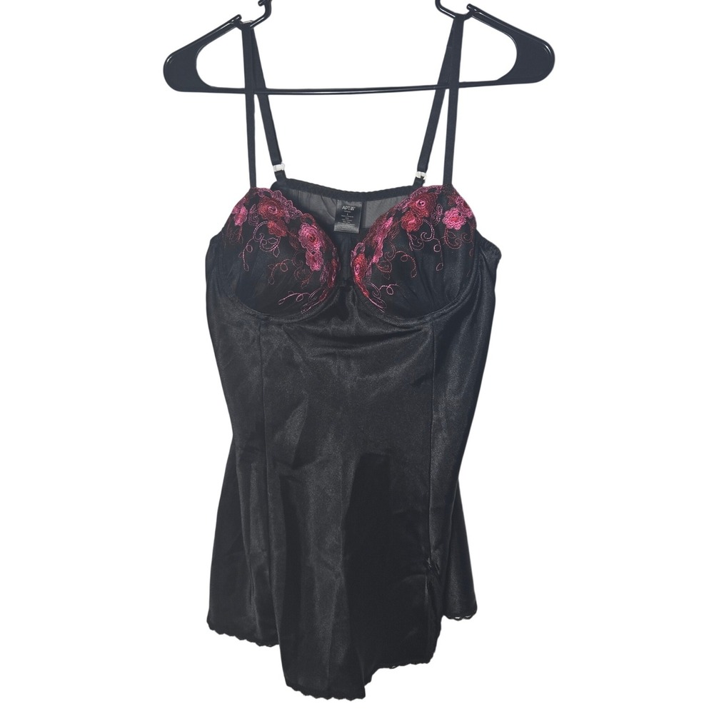 Apt 9 Black Satin Floral Embroidered Chemise Slip Dress L Teddy Romantic Goth